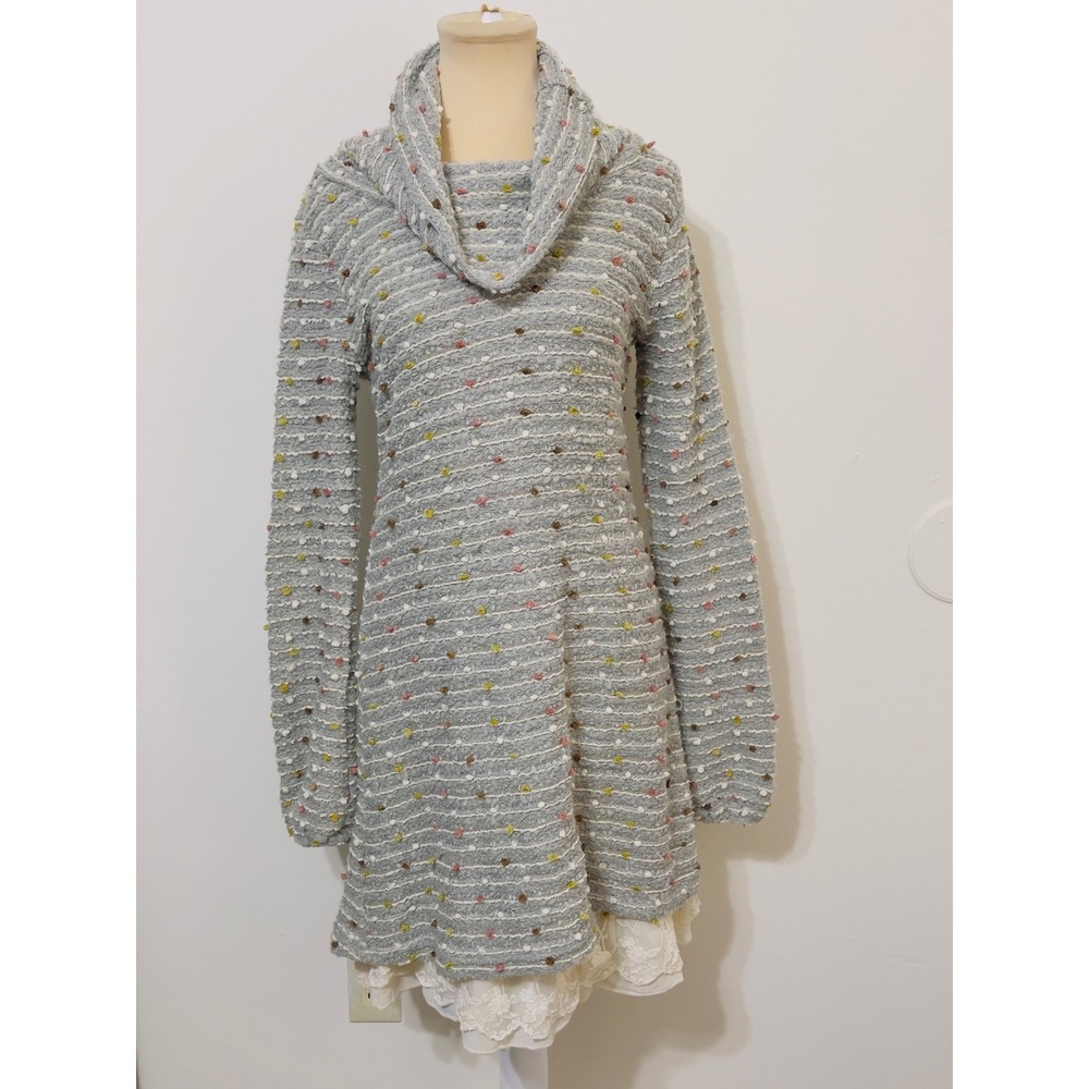 Altar'd State Women Cowl Neck Popcorn Knit Lace Hem Tunic Sweater Gray Small